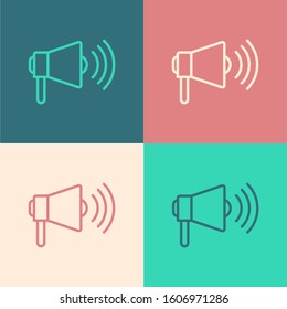 Color line Megaphone icon isolated on color background. Loud speach alert concept. Bullhorn for Mouthpiece scream promotion.  Vector Illustration