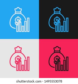 Color line Money bag and diagram graph icon isolated on color background. Financial analytics, budget planning, finance managemen.  Vintage style drawing. Vector Illustration