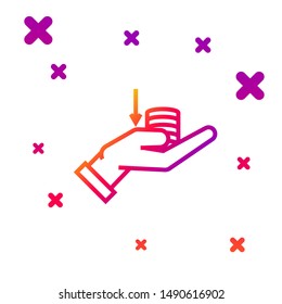 Color line Money on hand icon isolated on white background. Palm holds cash with down. Cash salary decrease. Gradient random dynamic shapes. Vector Illustration Color line Money on hand icon isolated on white background. Palm holds cash with down. Cash salary decrease. Gradient random dynamic shapes. Vector Illustration