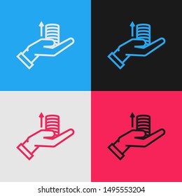 Color line Money on hand icon isolated on color background. Palm holds cash with arrow up. Cash salary increase. Rising prices. Vintage style drawing. Vector Illustration