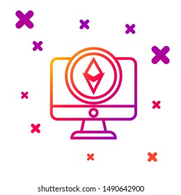 Color line Monitor and Cryptocurrency coin Ethereum ETH icon isolated on white background. Altcoin symbol. Blockchain based secure crypto currency. Gradient random dynamic shapes. Vector Illustration