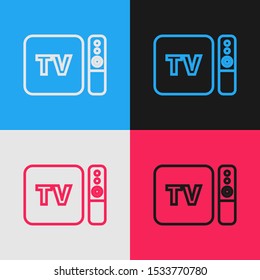 Color line Multimedia and TV box receiver and player with remote controller icon isolated on color background. Vintage style drawing. Vector Illustration