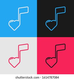 Color line Music note, tone with hearts icon isolated on color background. Valentines day. Vintage style drawing. Vector Illustration