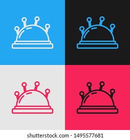 Color line Needle bed and needles icon isolated on color background. Handmade and sewing theme. Vintage style drawing. Vector Illustration