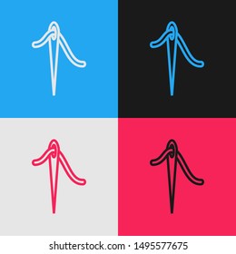 Color line Needle for sewing with thread icon isolated on color background. Tailor symbol. Textile sew up craft sign. Embroidery tool. Vintage style drawing. Vector Illustration