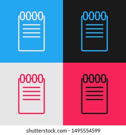 Color line Notebook icon isolated on color background. Spiral notepad icon. School notebook. Writing pad. Diary for business. Notebook cover design. Vintage style drawing. Vector Illustration