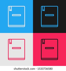 Color line Notebook icon isolated on color background. Spiral notepad icon. School notebook. Writing pad. Diary for school. Vintage style drawing. Vector Illustration