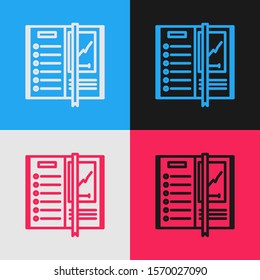 Color line Notebook icon isolated on color background. Spiral notepad icon. Writing pad. Diary for business. Notebook cover design. Vintage style drawing. Vector Illustration
