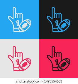 Color line Number 1 one fan hand glove with finger raised and american football ball icon isolated on color background. Set of sport equipment. Vintage style drawing. Vector Illustration