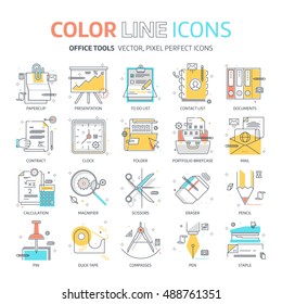 Color line, office tools illustrations, icons, backgrounds and graphics. The illustration is colorful, flat, vector, pixel perfect, suitable for web and print. It is linear stokes and fills.