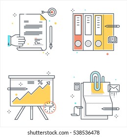 Color line, office tools illustrations, icons, backgrounds and graphics. The illustration is colorful, flat, vector, pixel perfect, suitable for web and print. It is linear stokes and fills.