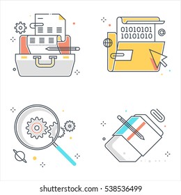 Color line, office tools illustrations, icons, backgrounds and graphics. The illustration is colorful, flat, vector, pixel perfect, suitable for web and print. It is linear stokes and fills.