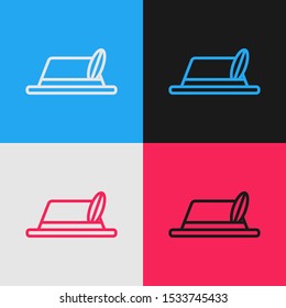 Color line Oktoberfest hat icon isolated on color background. Hunter hat with feather. German hat. Vintage style drawing. Vector Illustration