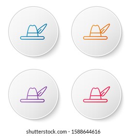 Color line Oktoberfest hat icon isolated on white background. Hunter hat with feather. German hat. Set icons in circle buttons. Vector Illustration