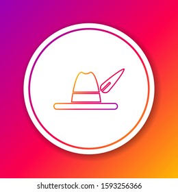 Color line Oktoberfest hat icon isolated on color background. Hunter hat with feather. German hat. Circle white button. Vector Illustration