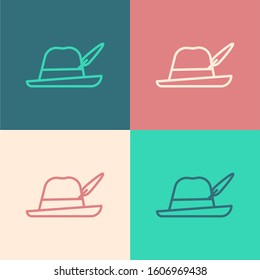 Color line Oktoberfest hat icon isolated on color background. Hunter hat with feather. German hat.  Vector Illustration