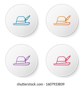 Color line Oktoberfest hat icon isolated on white background. Hunter hat with feather. German hat. Set icons in circle buttons. Vector Illustration