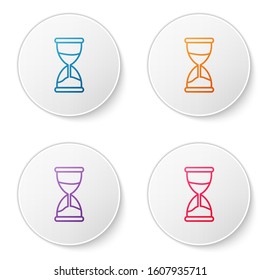 Color line Old hourglass with flowing sand icon isolated on white background. Sand clock sign. Business and time management concept. Set icons in circle buttons. Vector Illustration