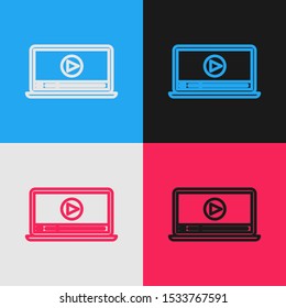 Color line Online play video icon isolated on color background. Laptop and film strip with play sign. Vintage style drawing. Vector Illustration Color line Online play video icon isolated on color background. Laptop and film strip with play sign. Vintage style drawing. Vector Illustration