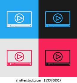 Color line Online play video icon isolated on color background. Film strip with play sign. Vintage style drawing. Vector Illustration