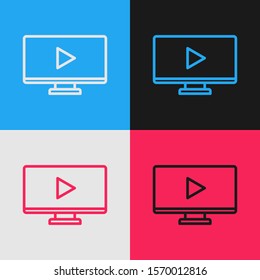 Color line Online play video icon isolated on color background. Computer monitor and film strip with play sign. Vintage style drawing. Vector Illustration