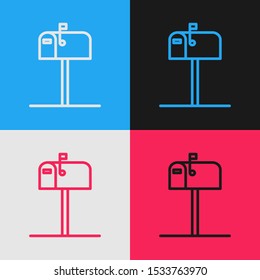 Color line Open mail box icon isolated on color background. Mailbox icon. Mail postbox on pole with flag. Vintage style drawing. Vector Illustration