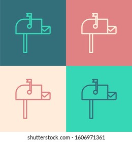 Color line Open mail box icon isolated on color background. Mailbox icon. Mail postbox on pole with flag.  Vector Illustration