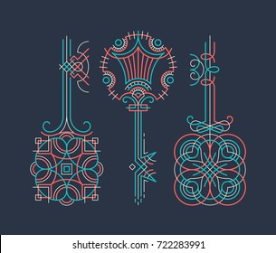 Color line ornamental key set, vector design elements. 