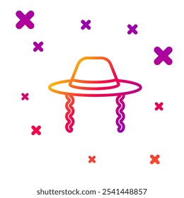 Línea de color sombrero judío ortodoxo con icono de sidelocks aislado sobre fondo blanco. Hombres judíos con la vestimenta tradicional. Símbolos del judaísmo. Formas dinámicas aleatorias de degradado. Vector