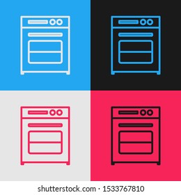 Color line Oven icon isolated on color background. Stove gas oven sign. Vintage style drawing. Vector Illustration
