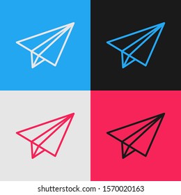 Color line Paper airplane icon isolated on color background. Vintage style drawing. Vector Illustration