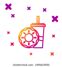Color line Paper glass with drinking straw and donut icon isolated on white background. Soda aqua drink sign. Fast food menu. Gradient random dynamic shapes. Vector Illustration