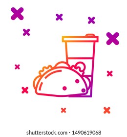 Color line Paper glass and taco with tortilla icon isolated on white background. Soda aqua drink sign. Hamburger, burger, cheeseburger sandwich. Gradient random dynamic shapes. Vector Illustration