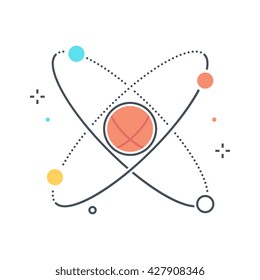 Color line, physics, atom illustration, icon, background and graphics. The illustration is colorful, flat, vector, pixel perfect, suitable for web and print. Linear stokes and fills.