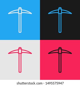 Color line Pickaxe icon isolated on color background. Blockchain technology, cryptocurrency mining, bitcoin, digital money market, cryptocoin wallet. Vintage style drawing. Vector Illustration