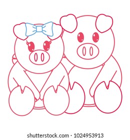color line pig couple cute animal together