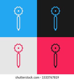 Color line Pizza knife icon isolated on color background. Pizza cutter sign. Steel kitchenware equipment. Vintage style drawing. Vector Illustration