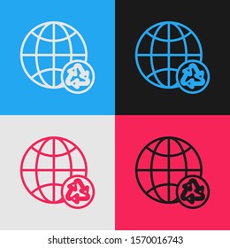 Color line Planet earth and a recycling icon isolated on color background. Environmental concept. Vintage style drawing. Vector Illustration