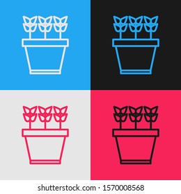 Color line Plants in pot icon isolated on color background. Plants growing in a pot. Potted plant sign. Vintage style drawing. Vector Illustration