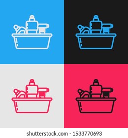 Color line Plastic bottles for liquid laundry detergent, bleach, dishwashing liquid or another cleaning agent icon isolated on color background. Vintage style drawing. Vector Illustration
