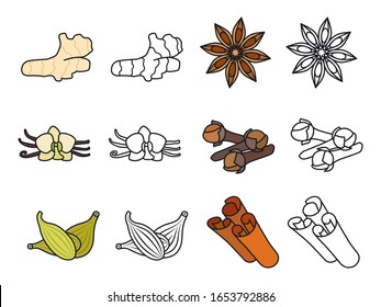 Color and line popular bakery spices isolated on white background. Vanilla flower, cinnamon stick, ginger clove and anise confectionery spices vector icons