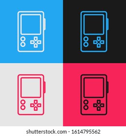 Color line Portable video game console icon isolated on color background. Gamepad sign. Gaming concept. Vintage style drawing. Vector Illustration