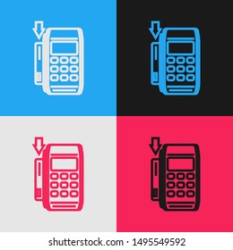 Color line Pos terminal with inserted credit card icon isolated on color background. Payment terminal transaction. Pay by card. Vintage style drawing. Vector Illustration