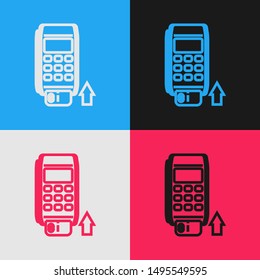 Color line Pos terminal with inserted credit card icon isolated on color background. Payment terminal transaction. Pay by card. Vintage style drawing. Vector Illustration