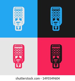 Color line POS terminal with printed reciept and confirms the payment by smartphone icon isolated on color background. NFC payment concept. Vintage style drawing. Vector Illustration