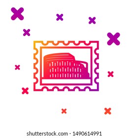 Color line Postal stamp and Coliseum icon isolated on white background. Colosseum sign. Symbol of Ancient Rome, gladiator fights. Gradient random dynamic shapes. Vector Illustration