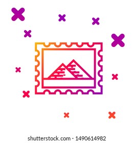 Color line Postal stamp and Egypt pyramids icon isolated on white background. Gradient random dynamic shapes. Vector Illustration