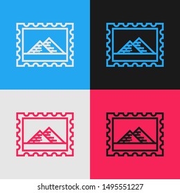 Color line Postal stamp and Egypt pyramids icon isolated on color background. Vintage style drawing. Vector Illustration