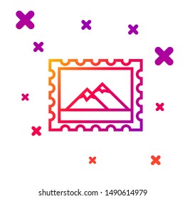 Color line Postal stamp and Mountains icon isolated on white background. Gradient random dynamic shapes. Vector Illustration