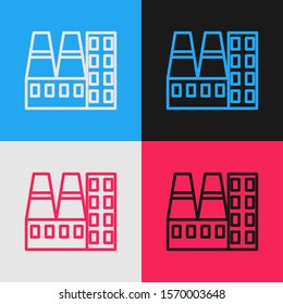 Color line Power station plant and factory icon isolated on color background. Energy industrial concept. Vintage style drawing. Vector Illustration